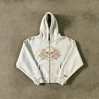 Sweat à capuche zippé épais ivoire, délavage vintage, imprimé crâne et rose, délavage acide, streetwear, effet pulvérisé, en molleton de coton