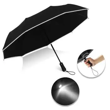 Оптовая продажа, настраиваемый 3-секционный вращающийся светодиодный фонарик, безопасный ночной складной зонт с отражающей полосой