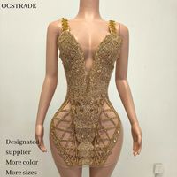 Nouvelle Arrivée Ocstrade – Robe Courte Transparente en Maille avec Strass Dorés et Cristaux, Bretelles Larges, Sexy, pour Soirées et Clubs, Collection Femme 2026