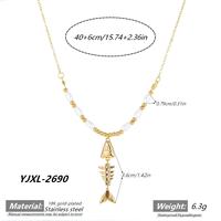 Collier Pendentif Poisson en Acier Inoxydable Style Bohème Amusant, Plaqué Or 18K, avec Perles d'Eau Douce pour Femme