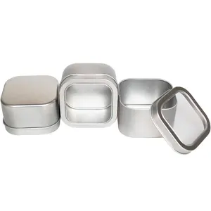 Creux 4 Oz Carré Argent Métal Peut Fenêtre Transparente Bougie Bonbons Boîte D'emballage Métallique Boîte Cadeau En Métal