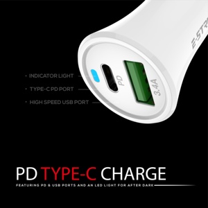 <span class=keywords><strong>Cargador</strong></span> <span class=keywords><strong>de</strong></span> Coche Rápido E-STRONG Original <span class=keywords><strong>de</strong></span> 18W al por Mayor, Cable <span class=keywords><strong>Tipo</strong></span>-C, Adaptador <span class=keywords><strong>de</strong></span> Viaje 12-24V, 1 Año <span class=keywords><strong>de</strong></span> Garantía para iPhone - Product Image 4