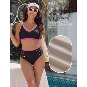 Conjunto de Bikini de Cintura Alta para Mujer, Traje de Baño Deportivo de Dos Piezas con Control de Abdomen, Cuello en V y Ribete en Contraste, Ropa de Playa 2025 - Product Image 4
