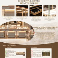 Îlot de présentation de bijoux haut de gamme en marbre blanc et or, vitrine en verre premium pour les boutiques de bijoux de luxe