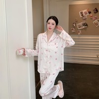 Pyjama Femme Printemps/Été Respirant en Soie Glacée, Ensemble Haut et Pantalon à Manches Longues, Motif Lapin et Ours Mignons, Vêtement de Détente en Soie Fine, Nouveau