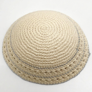 Kippa/Yamulka tricotée à la main en coton 100% de 20 cm, grande taille, pour hommes et enfants, haute qualité, bleu marine et argent, bonnet au crochet personnalisé - Product Image 5