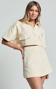 Personalizado Botão Frente Canvas Crop Shirt Mini Saia Curta Vestuário Fábrica Co Ord Combinando Conjunto de 2 Peças das Mulheres - Product Image 3