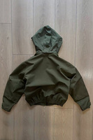 Blouson d'aviateur vert à capuche style Paris, personnalisé OEM, fin et ample, décontracté, pour l'hiver, avec logo frontal, col montant et traitement enduit