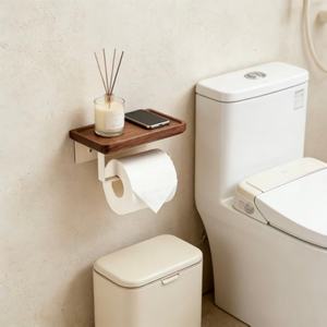 Portarrollos de Papel Higiénico Moderno de Aluminio Ecológico Lazy Sunday Cream & Walnut, con Estante, para Montar en la Pared, para Cocina, Hotel y Baño - Product Image 3