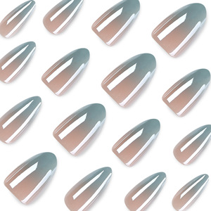 Faux ongles longs en amande à presser, dégradé bleu français, avec pointes brillantes et scintillantes, réutilisables, pour le nail art, idéaux pour les fêtes, vente en gros - Product Image 4
