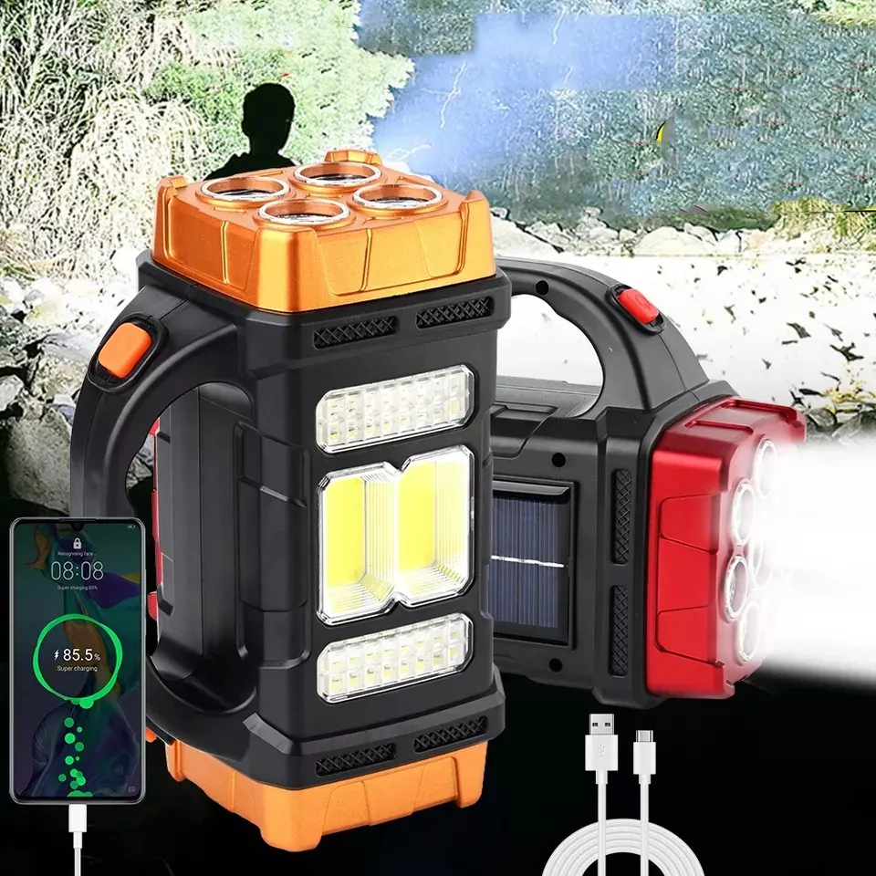 Lampe de poche solaire à LED puissante avec COB, lampe de travail, torche Rechargeable par USB à 4 vitesses, lampe solaire étanche pour le Camping en plein air