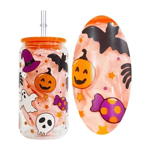 Ice Coffee Soda Pop Beer Wine Cup <strong>Pumpkin</strong> Ghost Spider Web Printed Glass <strong>Can</strong> With Plastic Lid and Straw - Product Image 1