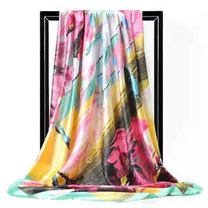 Élégant Grand Carré Foulard En Soie Femmes 90*90cm Mode Printemps Et Automne Vert Polyester Imprimé Foulard En Soie Châles