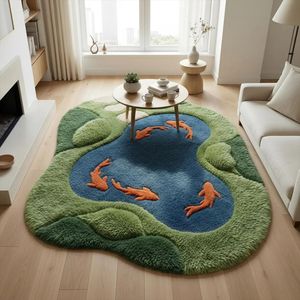Tapis en laine tuftée texturée motif bassin de koïs et mousse irrégulière, avec détails de poissons bleus et oranges, pour Chambre, Salon, Chambre d'enfant, Enfants, Vente en gros - Product Image 1