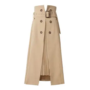 2022 Tongrui long Straight khaki Casual Cotton Pleating Women vintage midi Skirt