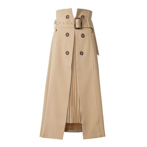 2022 Tongrui longue <span class=keywords><strong>droite</strong></span> kaki décontracté coton plissé femmes Vintage <span class=keywords><strong>jupe</strong></span> mi-longue - Product Image 1