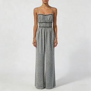 Elegante <span class=keywords><strong>Mono</strong></span> <span class=keywords><strong>de</strong></span> Mujer con Tirantes Finos, Estampado <span class=keywords><strong>de</strong></span> Pata <span class=keywords><strong>de</strong></span> Gallo, Corsé Fruncido, Cintura Alta y Pierna Ancha para Oficina o Fiesta - Product Image 1