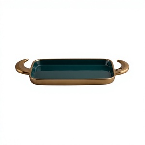 Plateau rectangulaire décoratif en métal émaillé avec poignées en laiton poli, plateau de service vert foncé, centre de table pour salle à manger - Product Image 1