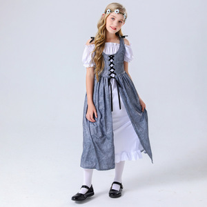 Girls Medieval Style Dress Costume Stage Performance Outfit Gray <b>White</b> <b>Lace</b> Up Skirt Set - Product Image 2