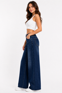Jeans da Donna a Vita Alta, Gamba Larga, Denim Scuro, Vestibilità Comoda, Lunghezza Intera, Stile Casual - Product Image 2
