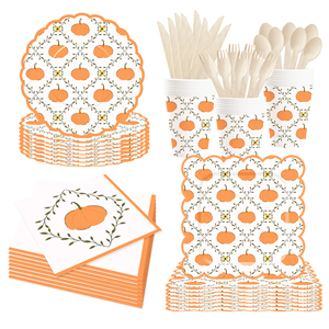 DAMAI Halloween Pumpkin Theme Paper Plates Set Halloween Theme Party Decorations Wave Lace Paper Plate for - Product Image 1