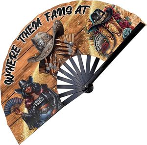 Where Them Fans At" Cowgirl Clack Folding Hand Fan Bamboo Fabric Western Party Rave Decor Hand Fan - Product Image 1