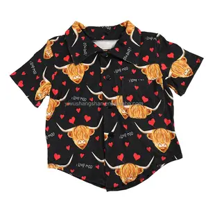 Camisetas con estampado de corazón de vaca para niños pequeños, Tops con botones, blusa para niños, 2022