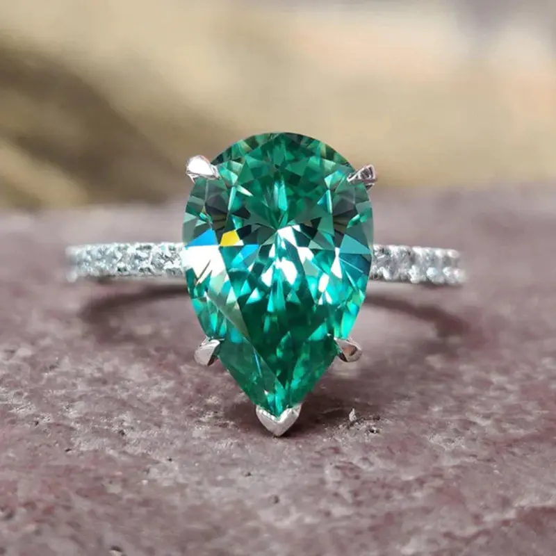 خاتم زمردي أخضر راقٍ من الزركون، مجوهرات خطبة الزفاف، حجر كريم كبير تشيكوسلوفاكيا، خاتم ماسي للنساء