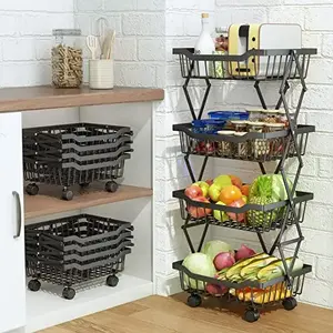 4 Tier Fruit Basket for Kitchen Collapsible, Fruit and Vegetable Storage Cart, Vegetable Basket Bins Rack for Onions and Potato