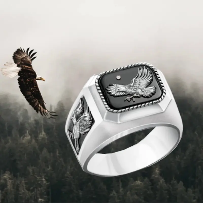 Classic Men's Ring Fashion Stainless Steel Gold Color Square Engraved Eagle Vintage Rings Punk Engagement Wedding Party Jewelry
