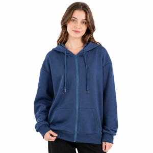 Sudadera con capucha y cremallera con logotipo OEM personalizado al por mayor, tela de algodón de alta calidad, tela sostenible, estilo urbano informal para uso diario, sudaderas para mujer - Product Image 3