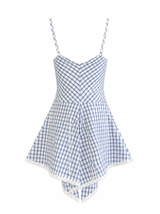 Minivestido azul a cuadros sin mangas con cuello corazón y dobladillo de encaje, ropa informal de verano - Product Image 2