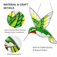 Attrape-soleil artisanal en vitrail naturel avec cadre métallique, motif colibri, pour décoration de fenêtre