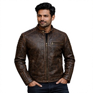 Veste moto en cuir d'agneau véritable marron pour homme, imperméable, respirante, col rond, coupe classique, style hiver, logo sur le devant - Product Image 1