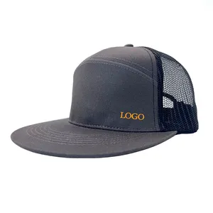 Venta al por mayor Hip Hop algodón en blanco de dos tonos de verano ajustable ala plana logotipo bordado personalizado 7 paneles gorras de malla de camionero