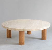Table basse ronde, plateau en marbre naturel et pieds cylindriques en bois massif, table centrale moderne pour salon