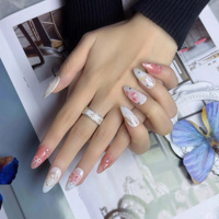 Kuku Akrilik Buatan Tangan Warna Putih Susu Dasar Pink Oranye Glitter, Hiasan 3D Bunga Tulip, Pita, Mutiara, dan Berlian Imitasi