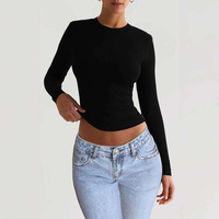 Haut côtelé à manches longues et col rond pour femme, coupe ajustée, extensible, couleur taupe, t-shirt basique pour le quotidien, le bureau ou les loisirs, logo OEM personnalisé