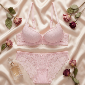 Conjunto de Lencería Romántica Rosa con Encaje, Sujetador con Aros y Braguita de Bikini, con Tirantes Ajustables, Copa Completa, Push-Up, para Mujer, OEM ODM - Product Image 1
