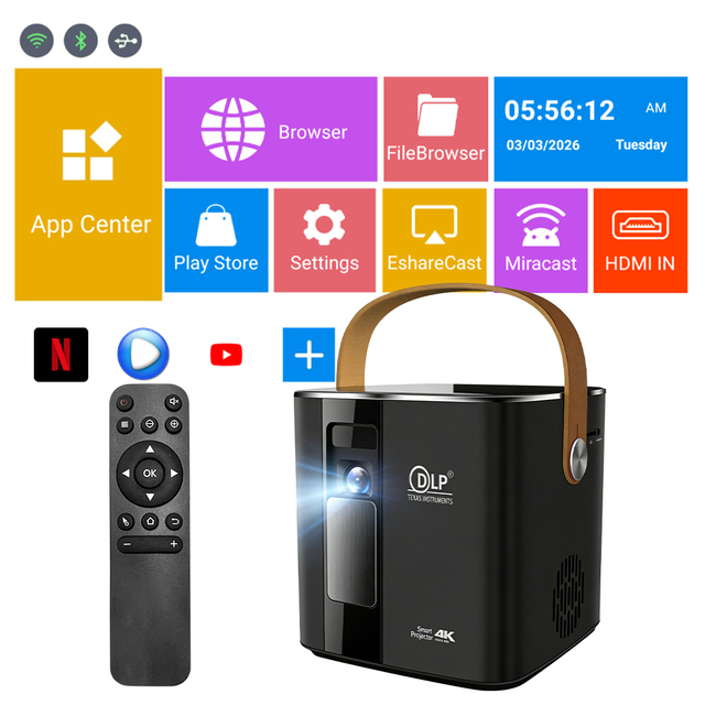 Canzone P12 DLP 1080P 4K LED Smart Mini Projector with Built-in Battery WiFi Android Portable 200 Lumens for Home & Business Use