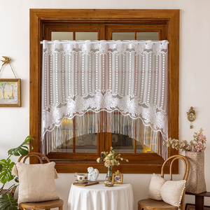 Cortinas translúcidas de encaje blanco con borde inferior de borlas estilo pastoral francés y ojales en la parte superior para decoración de ventanas de cocina - Product Image 1