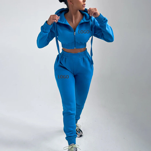 Ensemble de survêtement deux pièces pour femme, personnalisé, de haute qualité, brodé, avec sweat à capuche zippé et pantalon de survêtement, bleu, pour l'hiver - Product Image 1