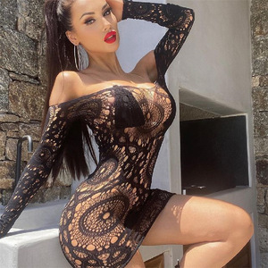 WY6 Kant Sexy Lingerie Dames Uitgewerkt Ondergoed Bodysuit Bodystocking Mesh Jurk Dameskleding Zwart Dun 3-delig Gebreid - Product Image 3