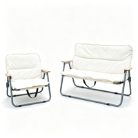 Canapé de camping pliable double pour 2 personnes, banc de plage portable pour loisirs en plein air avec coussins rembourrés matelassés et accoudoirs en bois