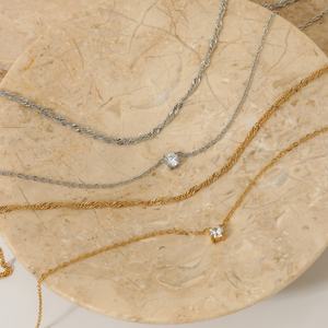 Collier élégant à double couche avec pendentif en zircon pour femme, en acier inoxydable électroplaqué, style tendance, couleur inaltérable - Product Image 5