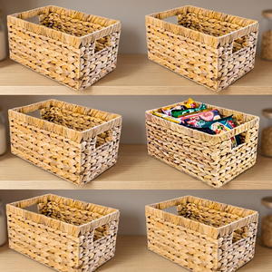 Handmade Woven Straw Storage Baskets Rectangle 50x40x30cm Rustic Style for Living Room Neatening Toys Organizer 6 Pack - Product Image 2