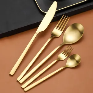 Set Top Sellers Besteck Gold Silverware Thick And Square Handle Spoon And Fork Set Stainless Royal Cutlery Set Wedding Gold Flatware