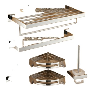 Ensemble de porte-serviettes de salle de bain en laiton chromé avec étagère double, organisateur d'angle et support de brosse WC mural au design moderne - Product Image 1