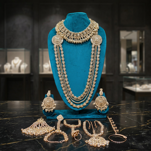 Traditional Heavy Rose Gold Bridal Accessories <b>Set</b> Red Crystal Choker Long Haram Necklace <b>Set</b> with Gemstone Drops - Product Image 2