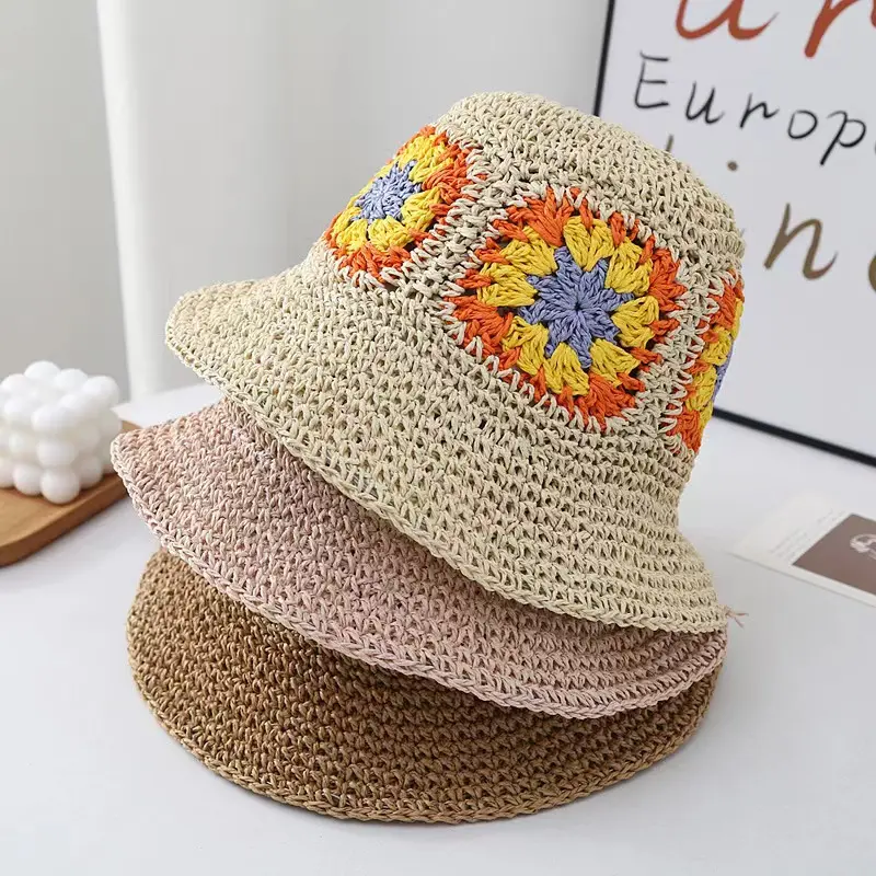 Yaz güneşlik geniş ağız kova hasır şapka kadın el dokuması çiçek plaj hasır şapka tığ kova şapka